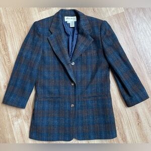 Vintage 100% wool Eddie Bauer tartan plaid women’s blazer small navy blue brown